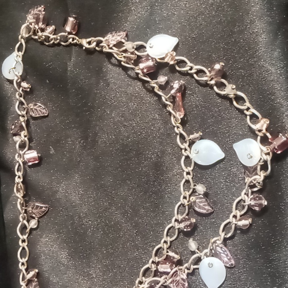 Elegant Silver and Lavander Pink Leaf Charm Necklace. Glass Beaded Charms